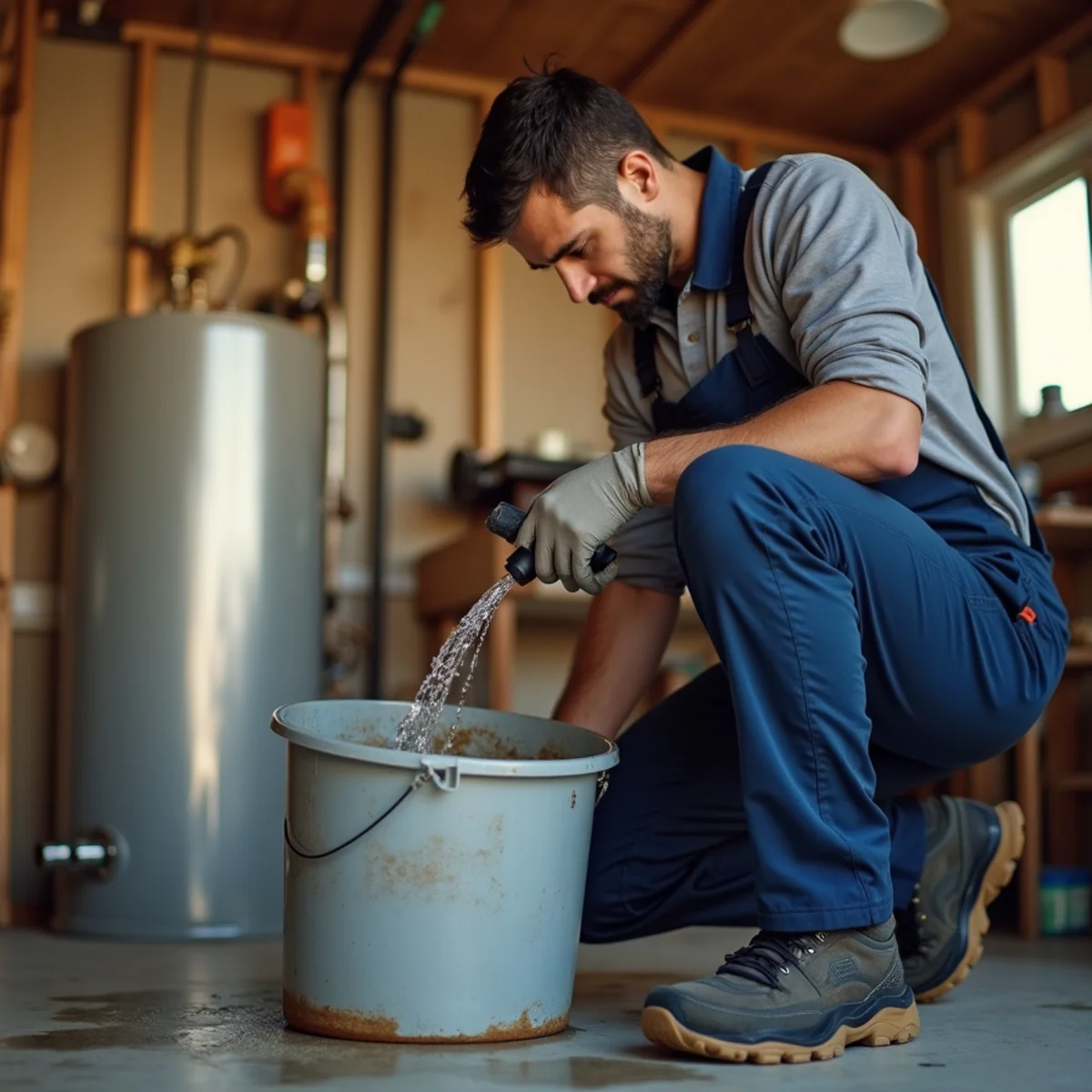 Plumber performing a fall water heater maintenance check