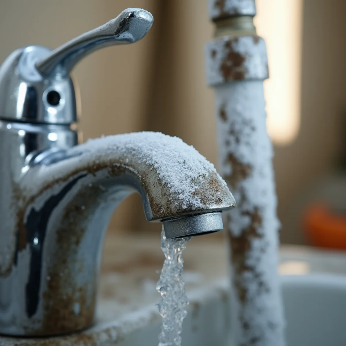 Hard-water scale buildup on a faucet in a Riverside home