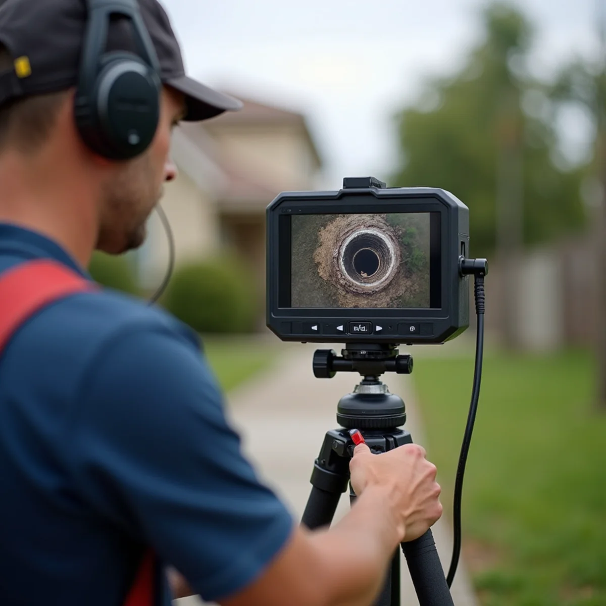 Sewer camera footage on a monitor during a line inspection