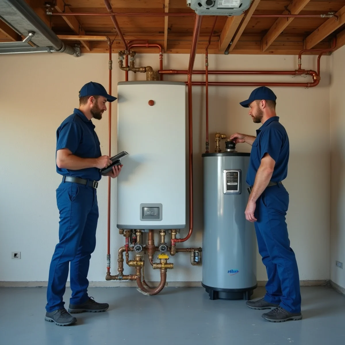 A tankless unit and a tank water heater side by side for comparison