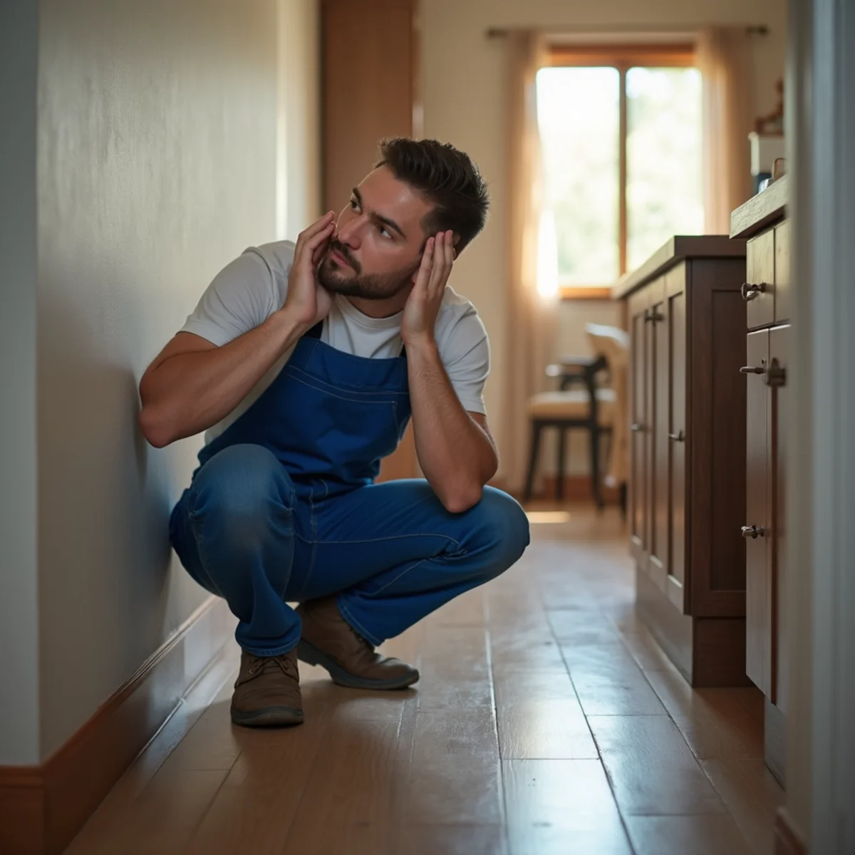 Homeowner listening for the sound of running water to detect a slab leak
