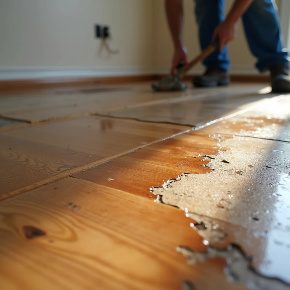 Warped, water-damaged wood flooring above a slab leak