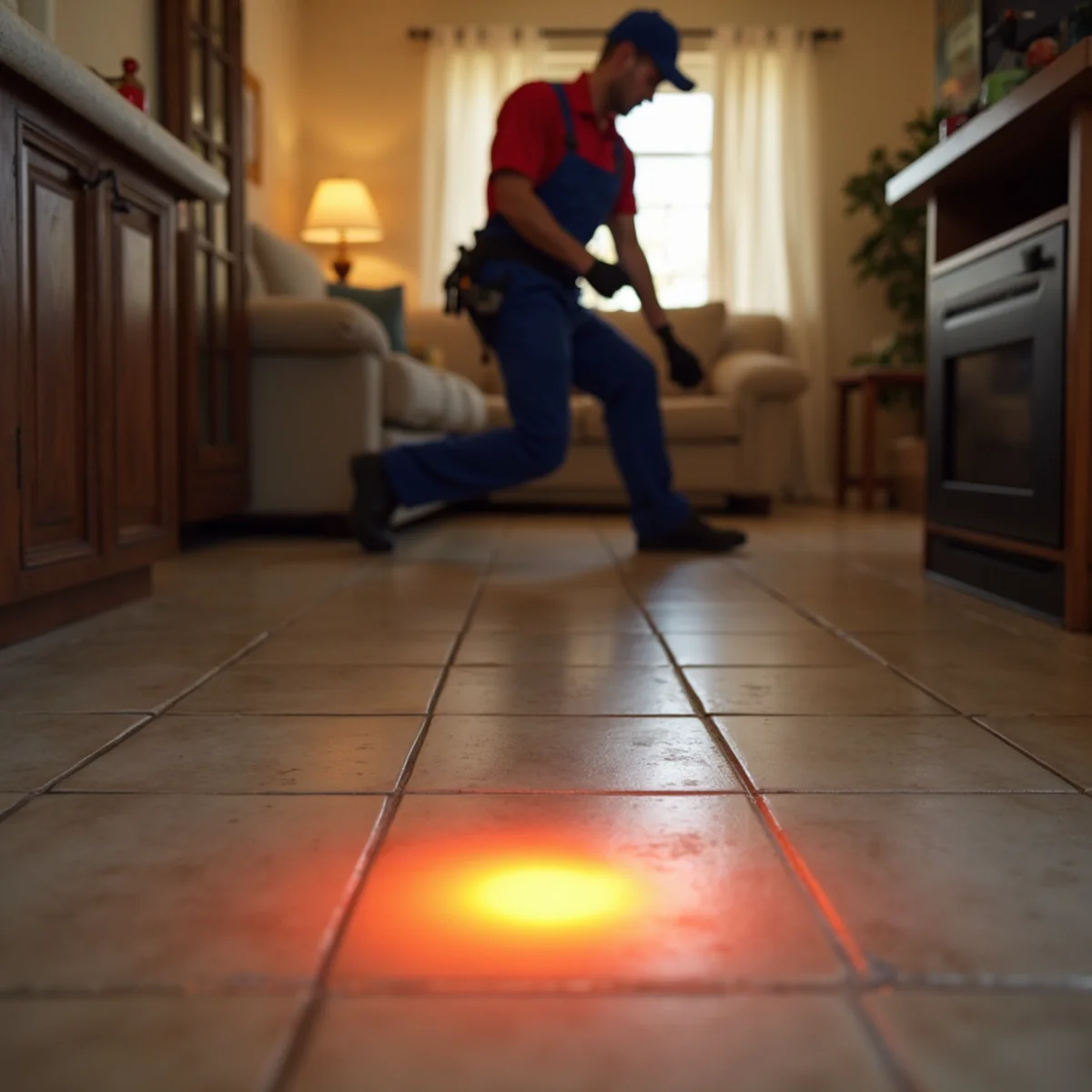 Warm spot on a tile floor indicating a possible slab leak