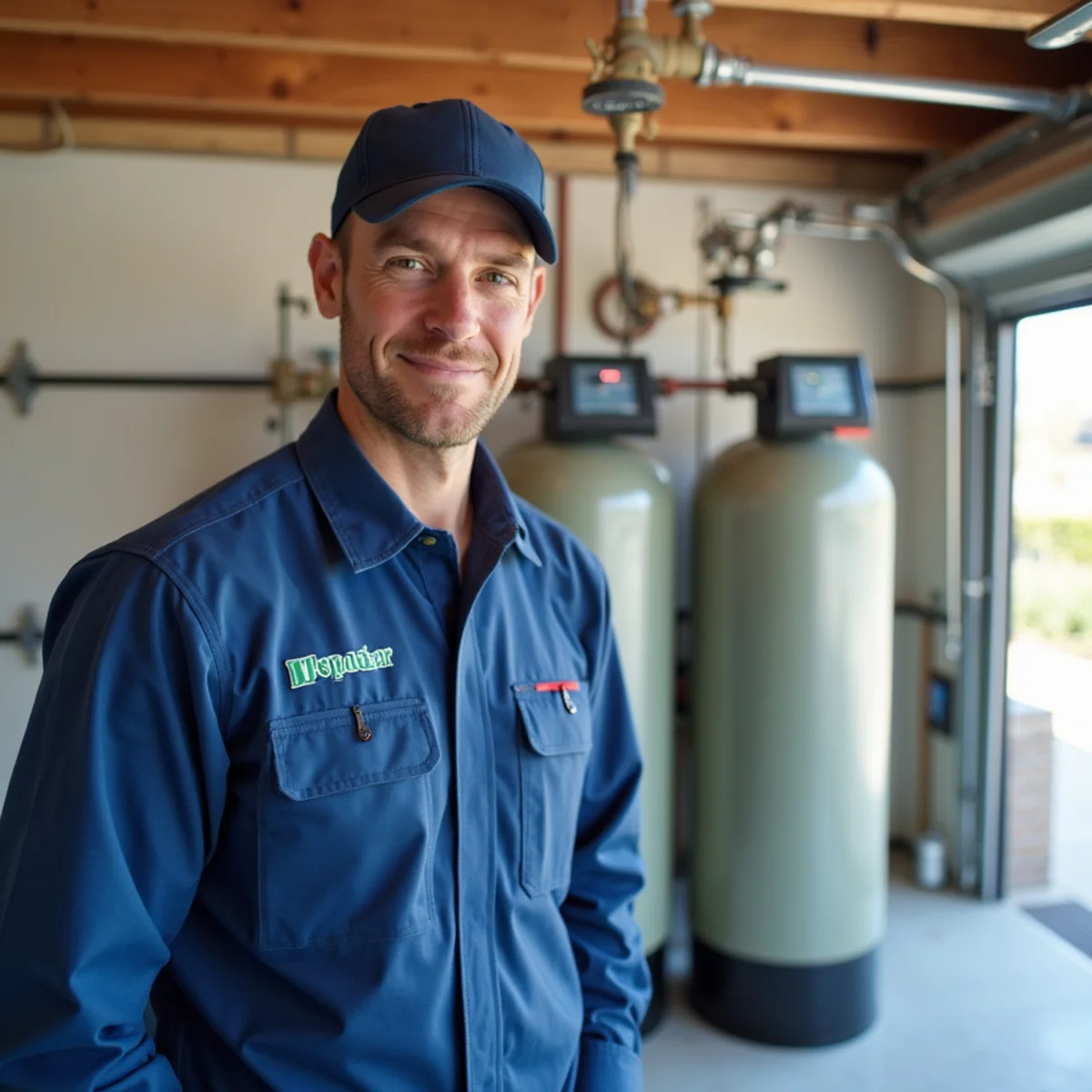 Whole-house water softener installed in an Inland Empire garage