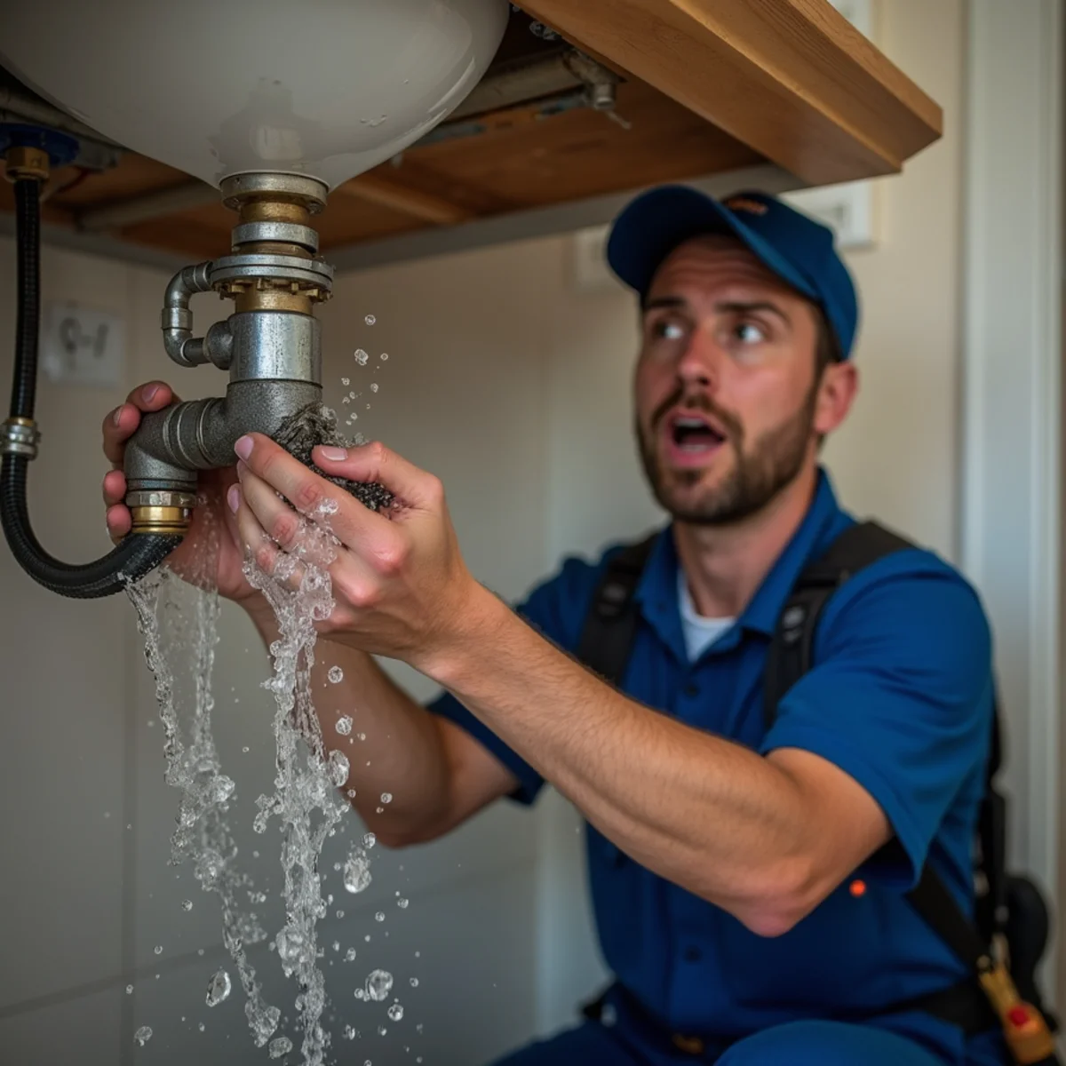 Water spraying from a burst pipe under a sink in a Riverside home