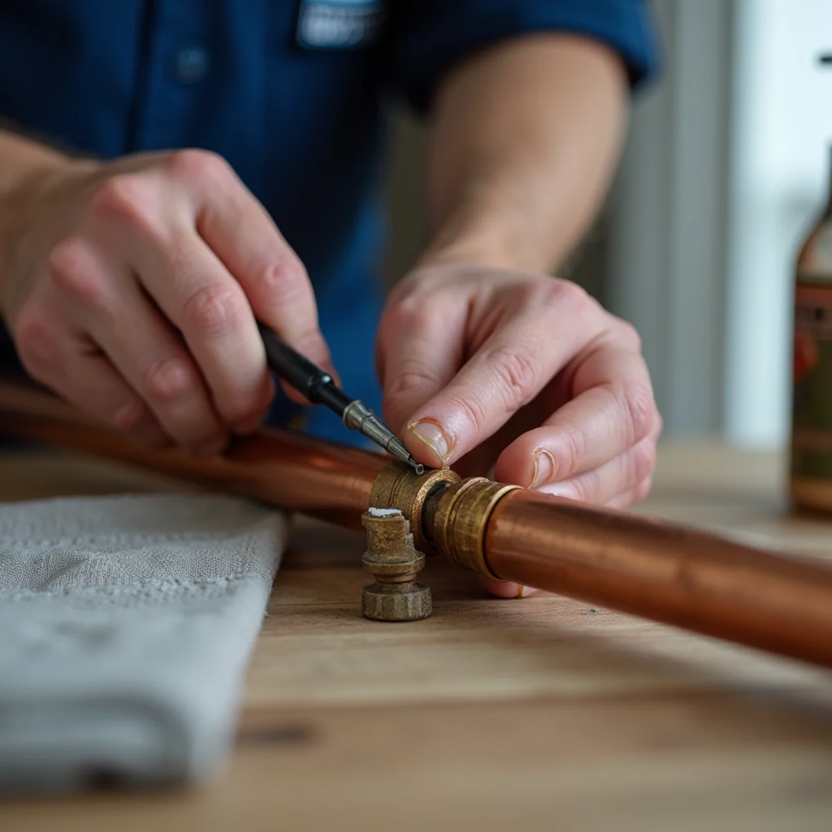 Plumber repairing a burst copper water pipe inside a Riverside, CA wall