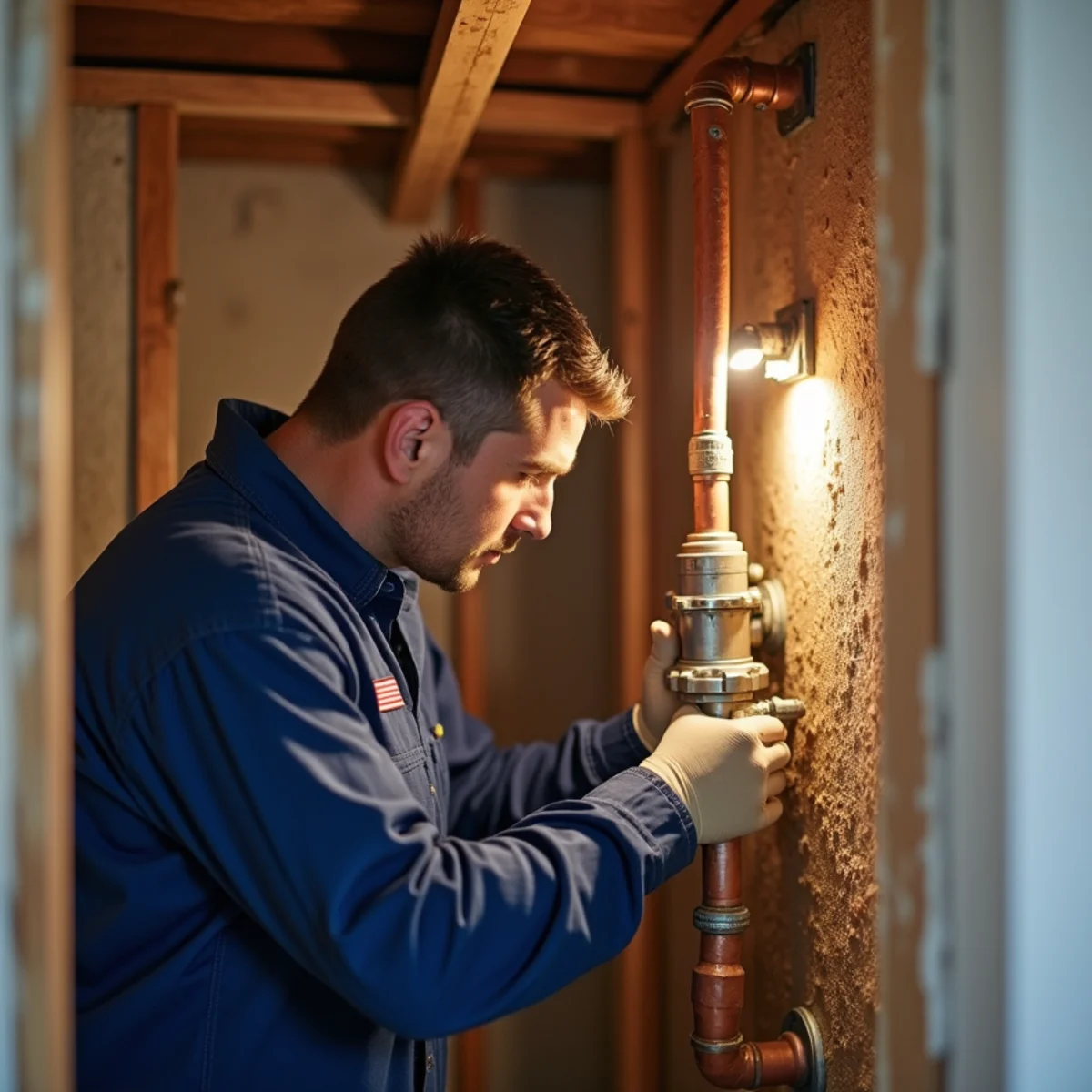 Plumber repairing a burst copper water pipe in a Riverside, CA wall