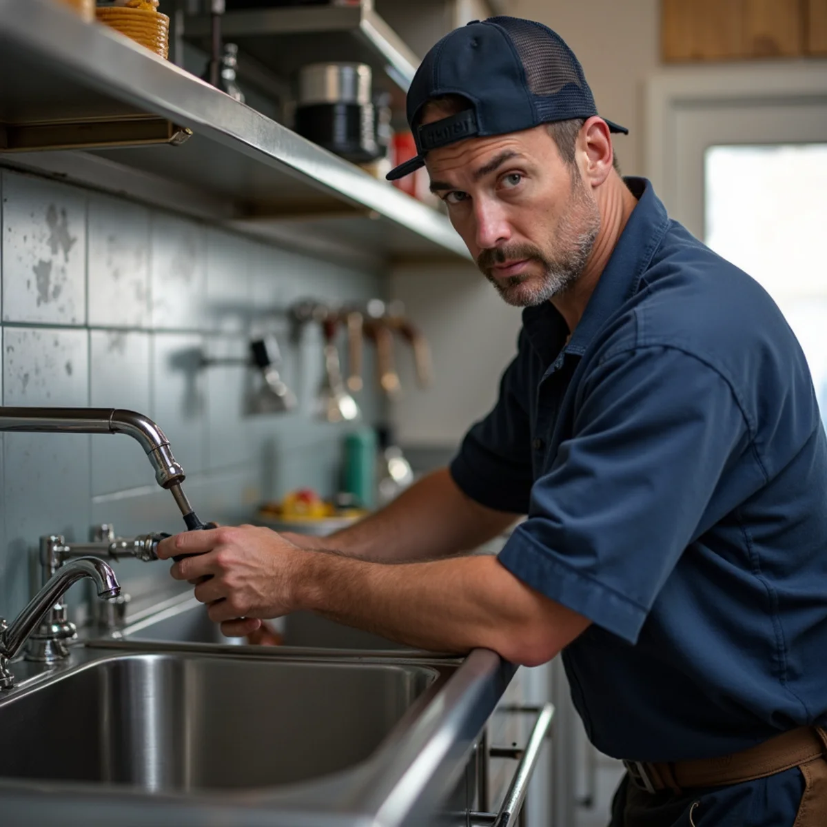 Commercial plumber servicing a restaurant kitchen line in Riverside, CA