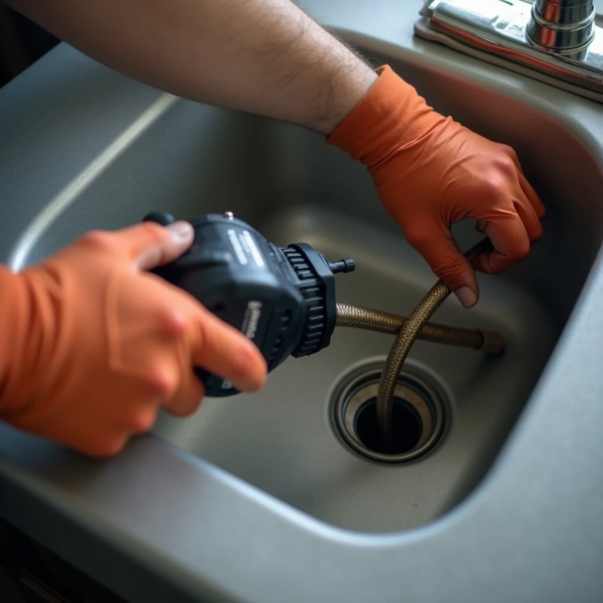 Plumber cabling a clogged kitchen drain line in a Riverside, CA home