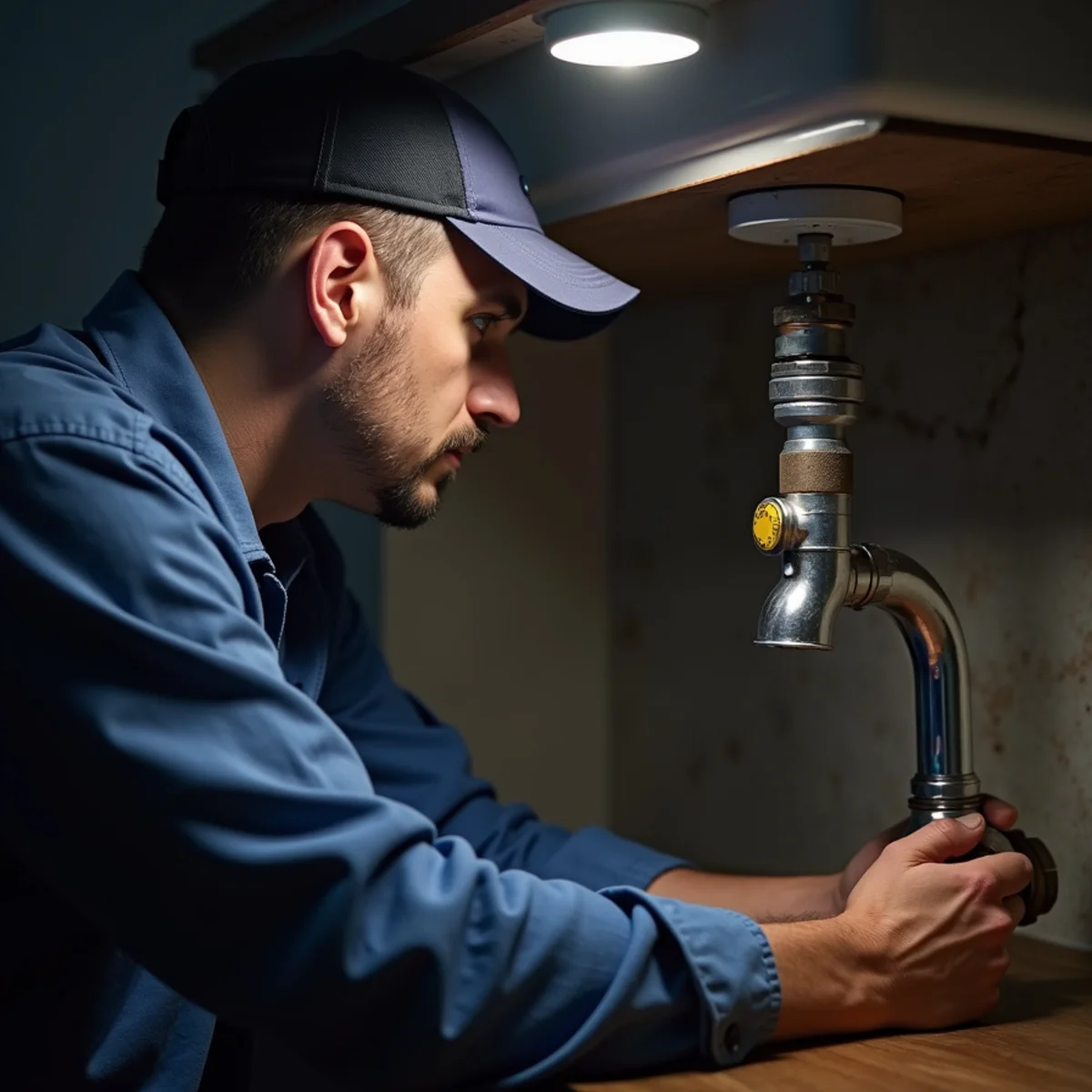 Emergency plumber working under a sink at night in a Riverside, CA home
