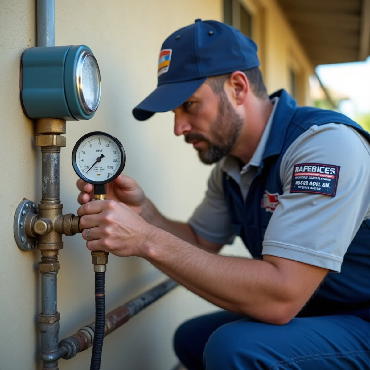 Certified plumber testing a residential gas line for leaks in Riverside, CA