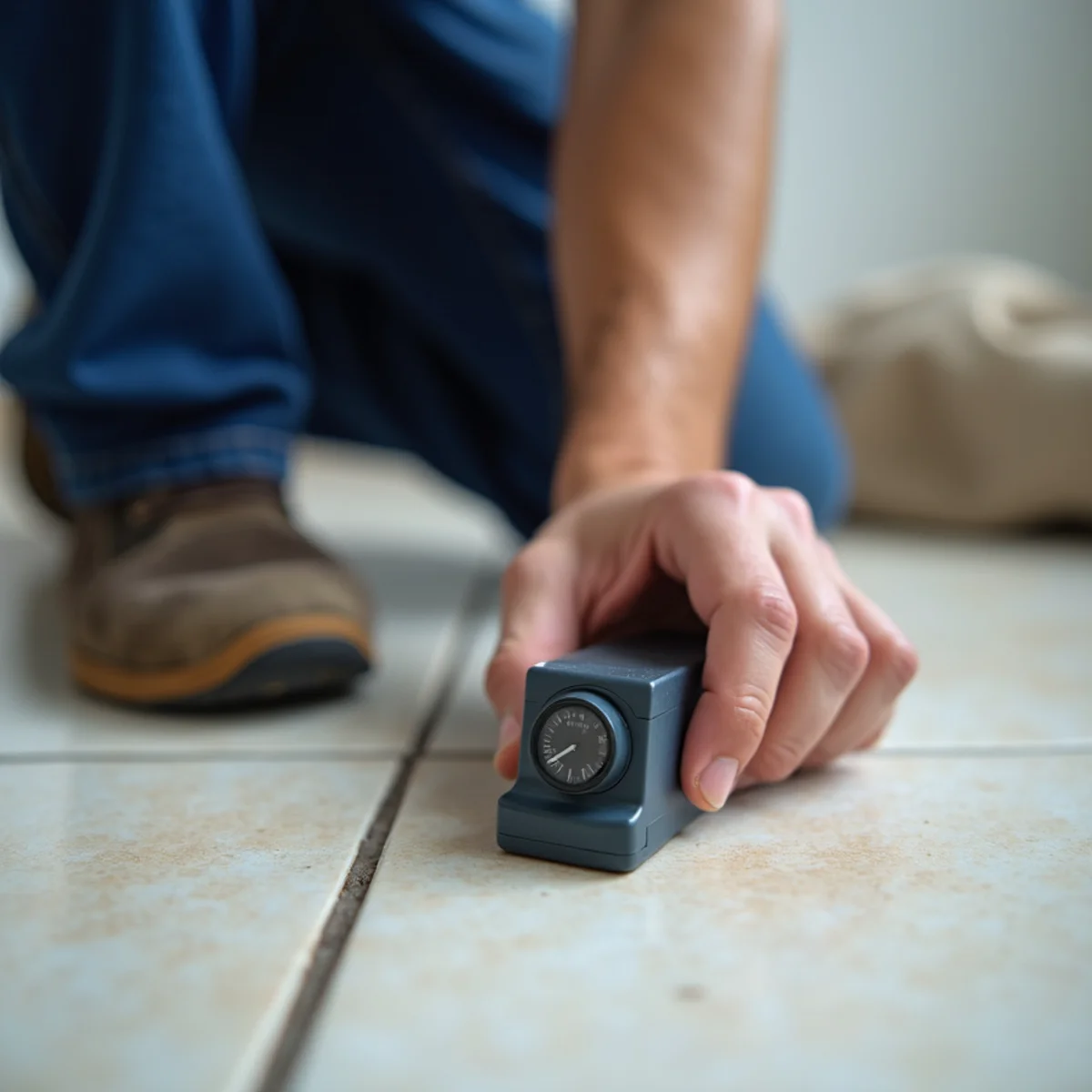 Plumber using acoustic leak detection equipment on a Riverside, CA floor