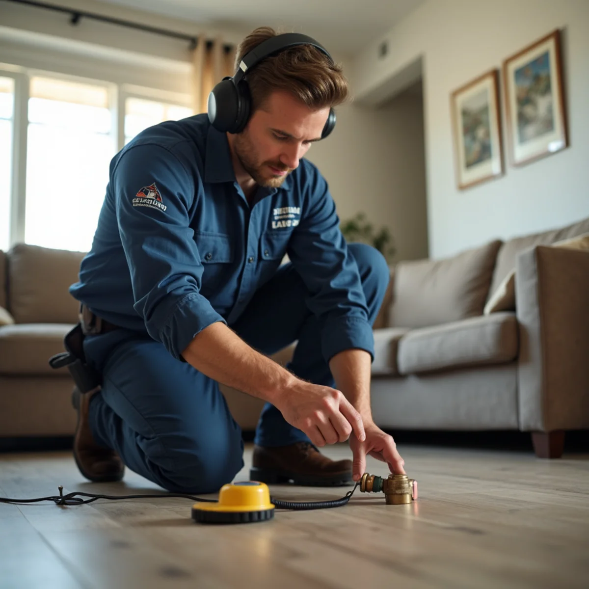 Plumber using acoustic leak detection equipment in a Riverside, CA home