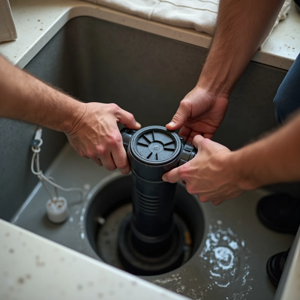 Plumber installing a sump pump in a Riverside, CA home basin