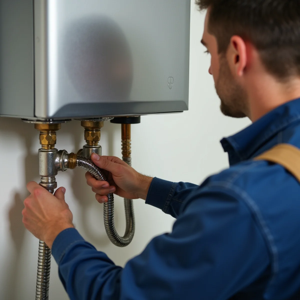 Technician descaling a wall-mounted tankless water heater in Riverside, CA