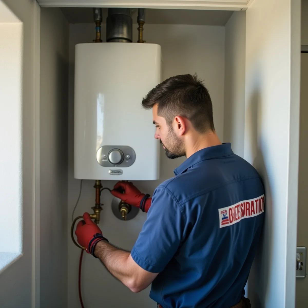 Wall-mounted tankless water heater installed by a Riverside plumber in a utility closet