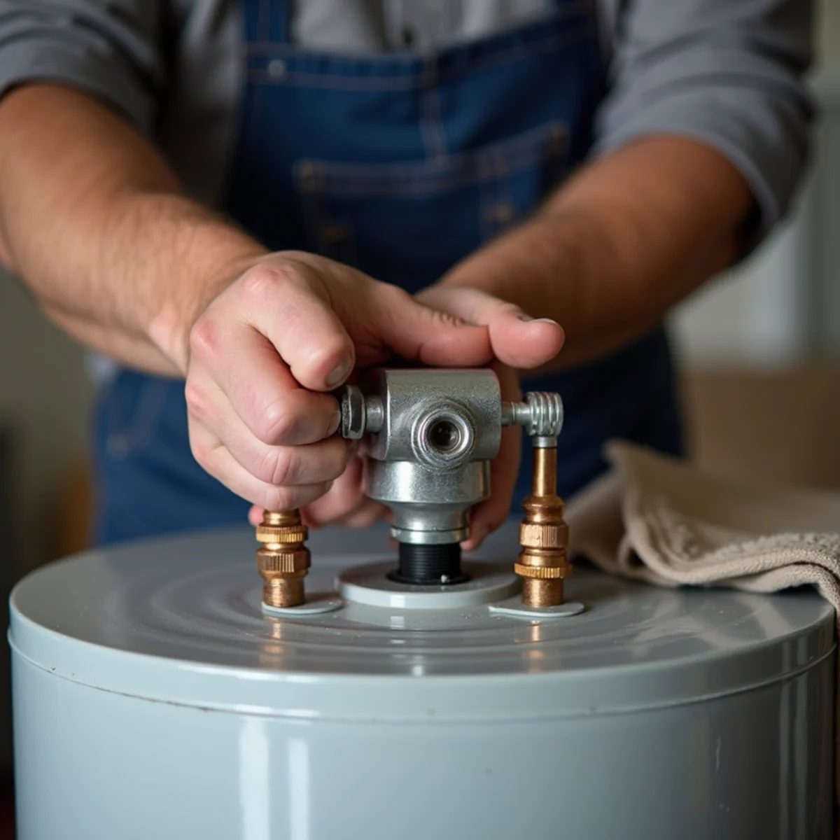 Plumber connecting a new tank water heater in a Riverside, CA garage