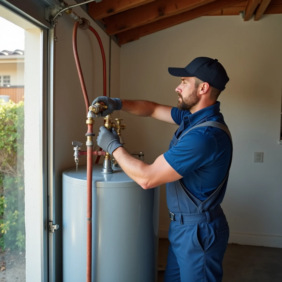 Licensed plumber installing a new tank water heater in a Riverside, CA garage